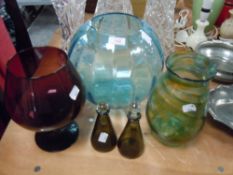 A selection of colour and art glass including hand blown blue green swirl having pontil break