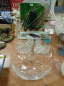 A selection of glass wares including green art glass bowl and Dartington leaf dish