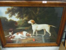 A framed full colour print of hunting hounds