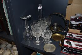 A mixed lot of vintage glasses and metal wares including hammered dish and similar oriental styled