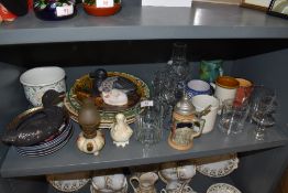 A large collection of Mixed items including glasses, display plates and decorative oil lamp.