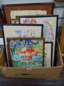 A box of needle works, prints and original art works.