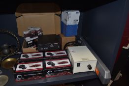 Four boxed rear view cameras and a selection of car related accessories including RAC warning