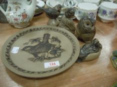 A selection of naturalistic stoneware glaze figures and display plate