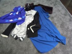 A Dina Kerrigan ladies black suit,a faux fur gillet, a blouse, a Tulcan jumper and a John Lewis