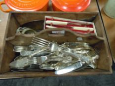 A selection of fine cutlery and flatwares including Mollett and Sheffield steel in carry tray