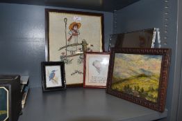 A selection of frames,a small oil on board and an embroidery depicting little Bo peep.
