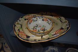 A large Masons platter and a bowl, both having transfer pattern with blue,orange,yellow and green