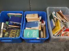 Three boxes of books including crime religion and travel interest