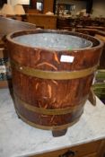 A vintage barrel style planter or coal bucket having zinc liner, diameter approx. 37cm