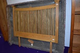 A nice quality modern oak bed head and a vintage bed base, width approx 140cm (probably a 4ft 6in