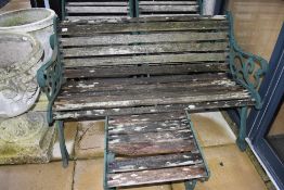 A modern cast garden bench set, 1 plus 2 plus side table or stool, some slats need replacing else
