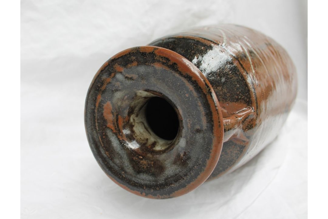 A studio pottery twin handled vase, with a brown ground and incised leaf and floral decoration, - Image 7 of 7