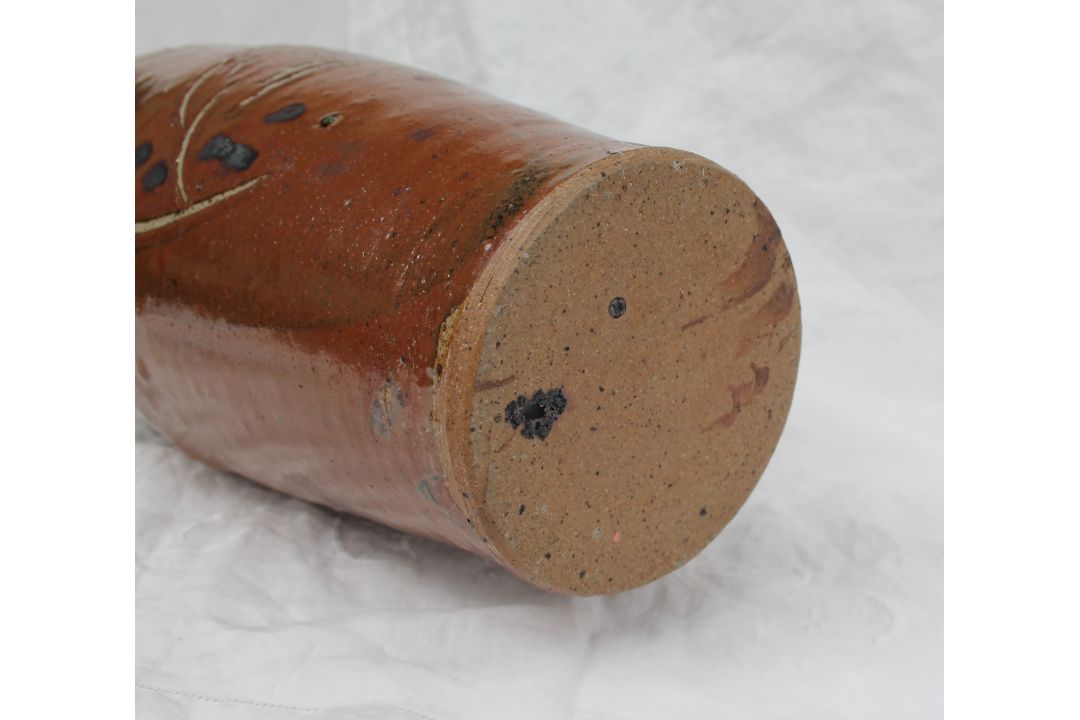 A studio pottery twin handled vase, with a brown ground and incised leaf and floral decoration, - Image 2 of 7