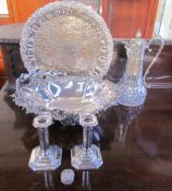 A pair of silver desk candlesticks together with an electroplated swing handled cake basket,