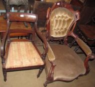 A Victorian walnut framed library chair with a button back upholstered back,