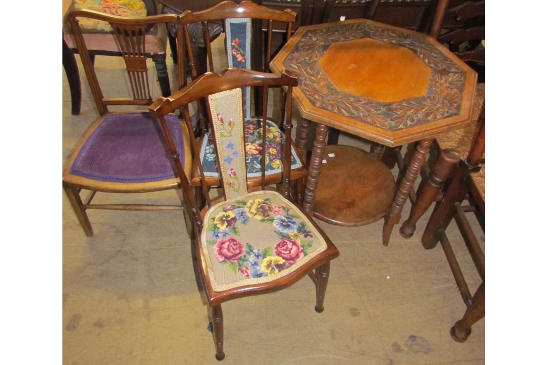 A carved occasional table together with a pair of bedroom chairs and a salon chair - Image 1 of 3