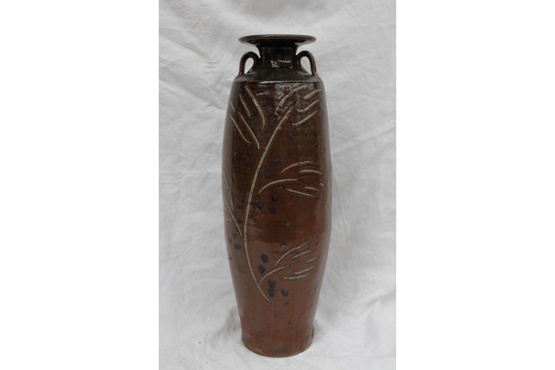 A studio pottery twin handled vase, with a brown ground and incised leaf and floral decoration, - Image 3 of 7
