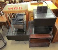 An Italian marquetry decorated games table together with a bone part chess set, dolls pram, black