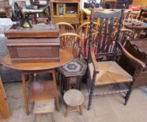 A Singer sewing machine together with an occasional table, milking stools, Anglo Indian mother of