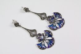 A Pair of Silver and Plique a Jour Drop Earrings