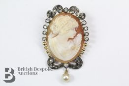 Continental Diamond and Pearl Shell Cameo Brooch