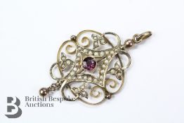 Edwardian 9ct Yellow Gold Amethyst and Seed Pearl Pendant