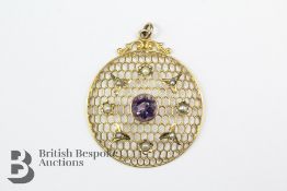 Edwardian 9ct Amethyst and Seed Pearl Pendant