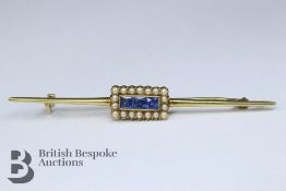 15ct Cornflower Blue Sapphire and Seed Pearl Bar Brooch