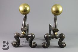 A Pair of English Wrought Iron and Brass Fire Dogs