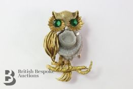 Yellow Gold Green Stone and Rock Crystal Owl Brooch