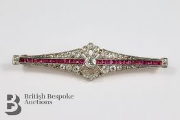 French Art Deco 18ct Gold, Diamond and Ruby Brooch