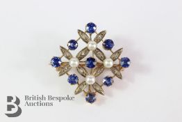 Yellow Gold Cornflower Sapphire,Diamond and Pearl Brooch
