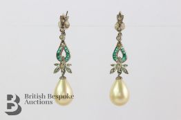Pair of Art Deco Pearl, Emerald and Diamond Paste Earrings
