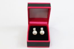 Pair of 18ct White Gold Diamond and Pearl Earrings in White Gold