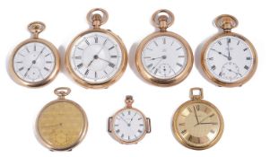 Seven gold plated keyless pocket watches to include a chronograph