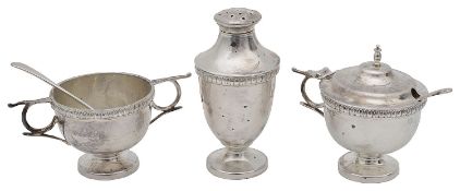 A George V silver three piece cruet set
