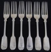 A matched set of six William IV and early Vict. fiddle pattern table forks