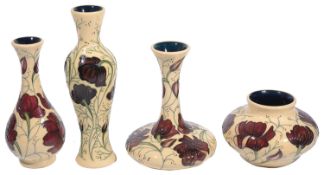 Four Modern Moorcroft pottery 'Chocolate Cosmos' pattern vases designed by Rachel Bishop