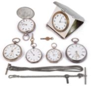 A George V silver travel clock and five silver pocket watches