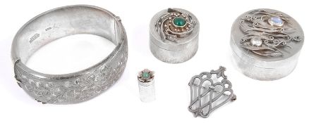 Three modern silver trinket pots, a silver cuff bangle and a Scottish silver triple heart brooch