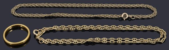 A 22ct gold band and two 9ct gold chains