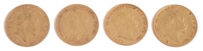 Three Edward VII half sovereigns and a Victorian half sovereign