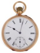 A late Victorian 18ct gold open faced keyless pocket watch