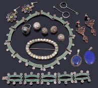 A Mexican Taxco silver and turquoise inlaid necklace and matching bracelet