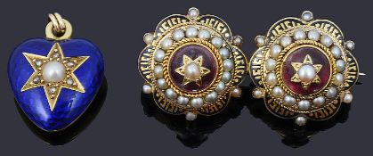 A delicate Vict. diamond and enamel heart locket and Etruscan style brooch