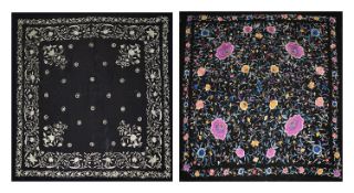 Two early 20th century Chinese embroidered black silk shawls