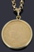 A 1947 Swiss two Franc fine gold coin on chain