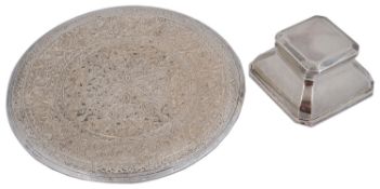 A George V silver inkwell and an Egyptian .900 silver dish