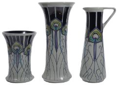 Three pieces of modern Moorcroft pottery in 'Peacock Parade' pattern designed by Nicola Slaney